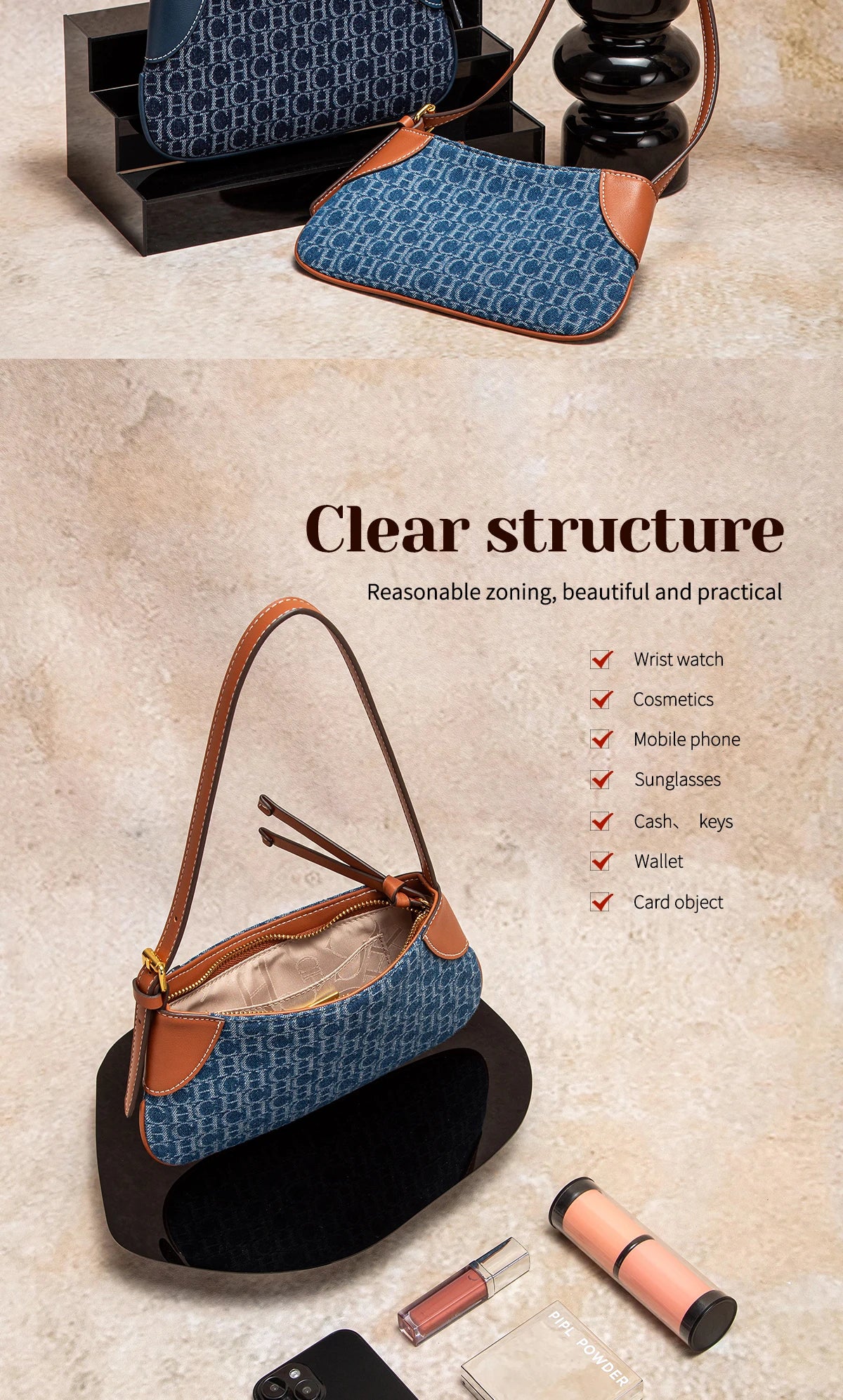 CHCH Women's Handbag 2025 Summer Cowboy Splicing Design Phone Bag Simple Commuter Underarm Bag Wallet