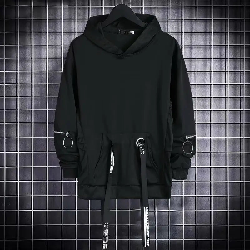 Autumn  Men's Casual Hoodie Sweatshirt Techwear Hip Hop Harajuku Style with Ribbons Patchwork Japanese Streetwear Darkwear