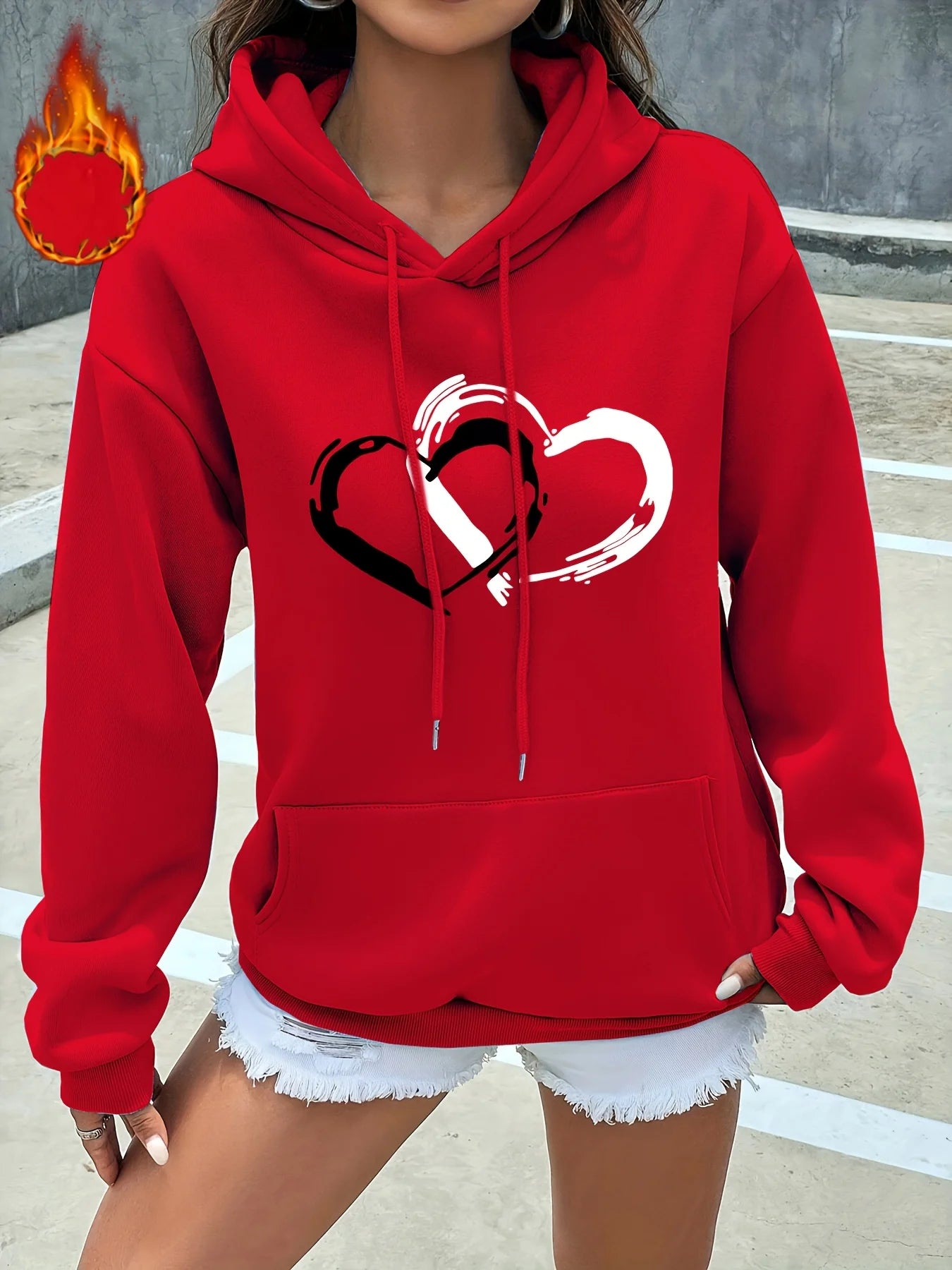 Women's casual hoodie sweatshirt heart graphic print round neck long sleeved autumn and winter warm regular version