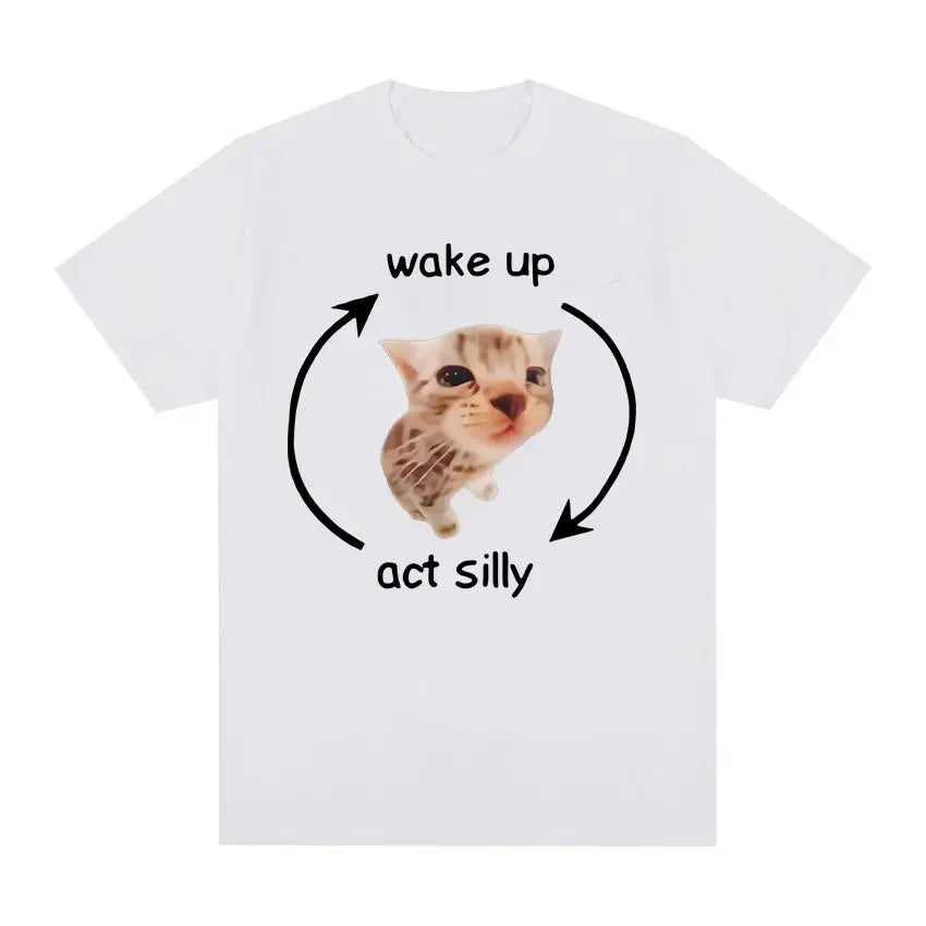 Wake Up Act Silly Meme Graphic T Shirt Funny Cute Cat Print Short Sleeve T-shirt Men Women Casual Oversized T Shirts