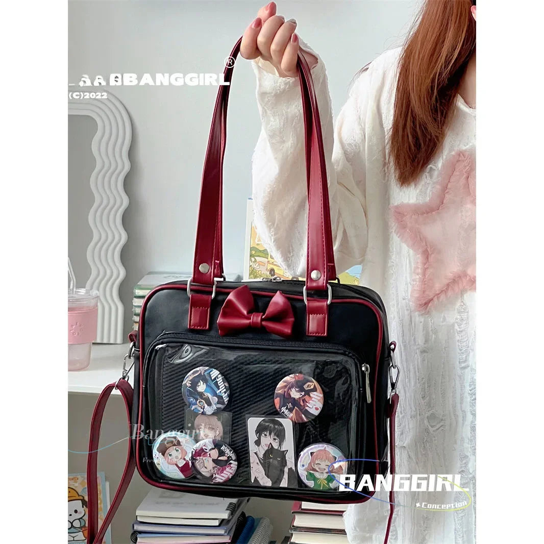 Japanese Style Kawaii PU Leather Itabag Women Transparent Pocket Bowknot Lolita Shoulder Bag Tote Handbags Women Ita Bag JK Girl
