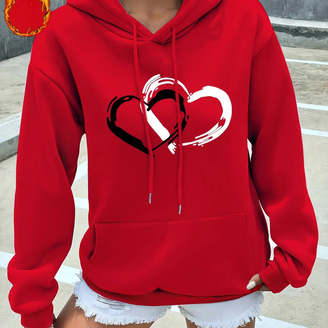 Women's casual hoodie sweatshirt heart graphic print round neck long sleeved autumn and winter warm regular version