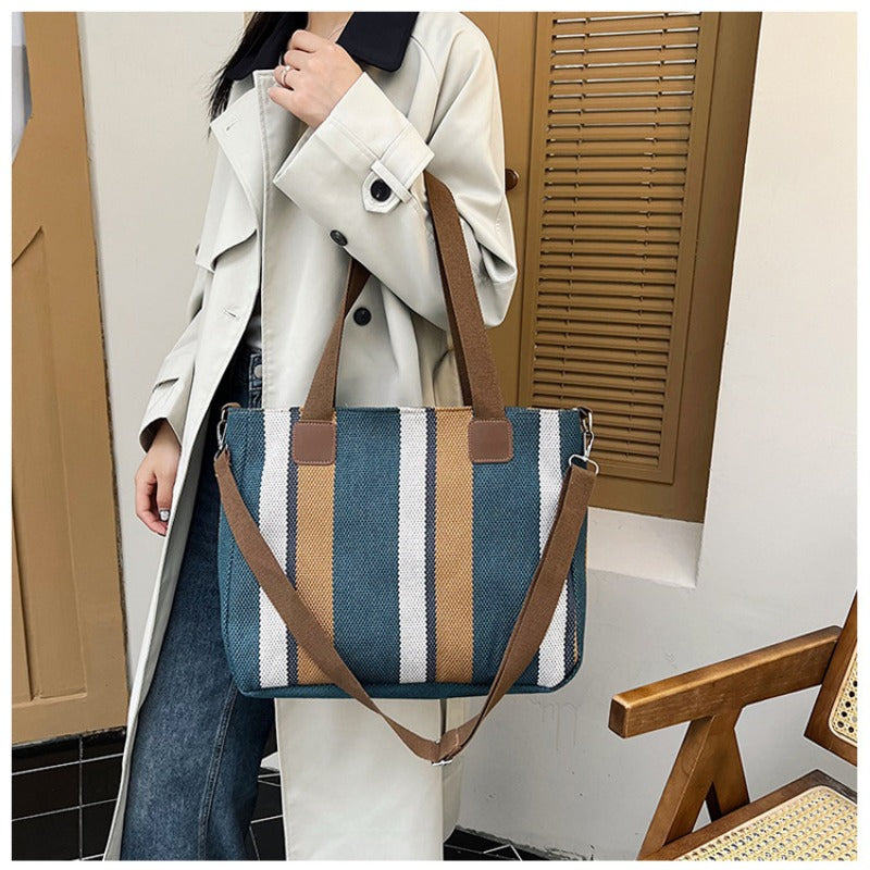 Large Tote Bag for women's Striped Crossbody Canvas Bag 2023 New Trendy Versatile Class Commuting Shoulder Bag