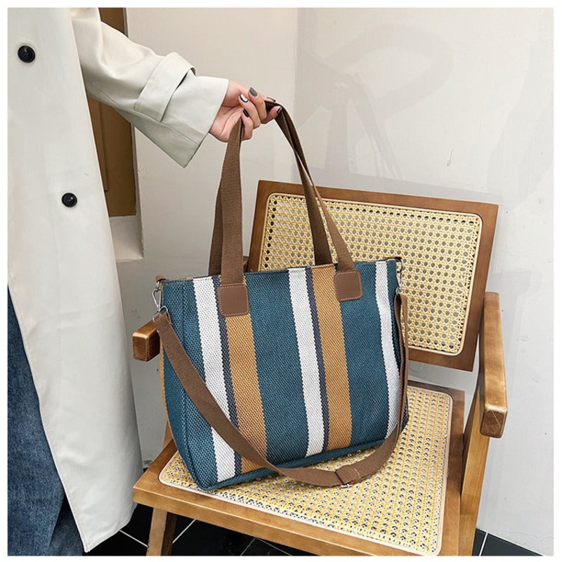 Large Tote Bag for women's Striped Crossbody Canvas Bag 2023 New Trendy Versatile Class Commuting Shoulder Bag