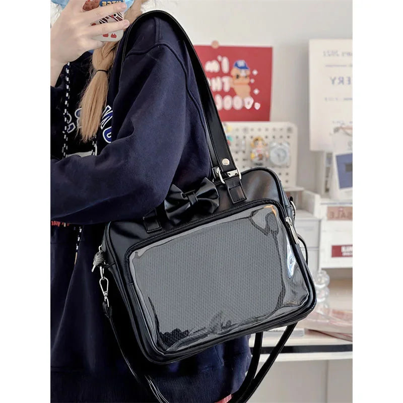 Japanese Style Kawaii PU Leather Itabag Women Transparent Pocket Bowknot Lolita Shoulder Bag Tote Handbags Women Ita Bag JK Girl