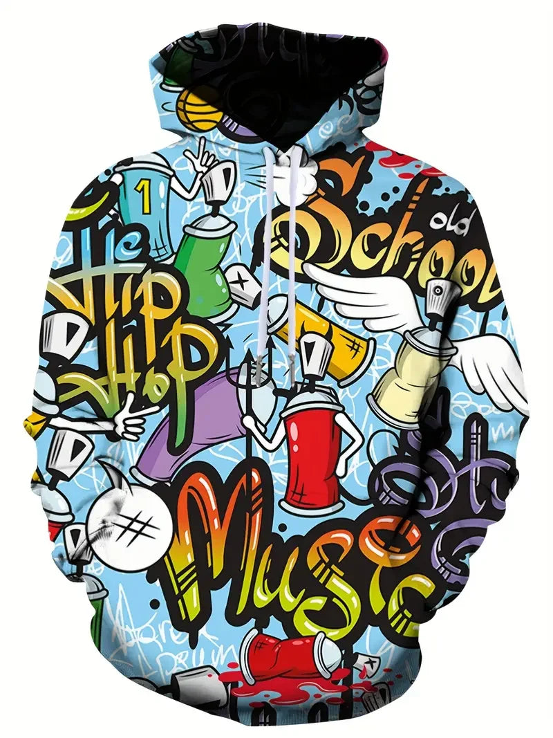2024 New Men's Painted Graffiti Flow Printed Hoodie Casual Trendy Long Sleeve Sports Top Street Men's Colorful Pattern Hoodie