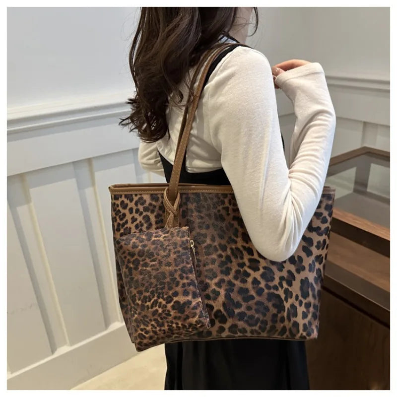 Women's Leopard Print Tote bag Pu Leather Underarm Bags Simple Casual Travel Shopping Bag Large Capacity Mother and Child Packag