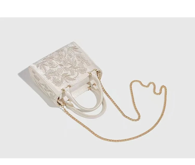 Elegant Soft Pearl Embroidery Fashion Handbag Silk Cheongsam Evening Clutch Chain Shoulder Bag Urban Minimalist Style Tote Chic