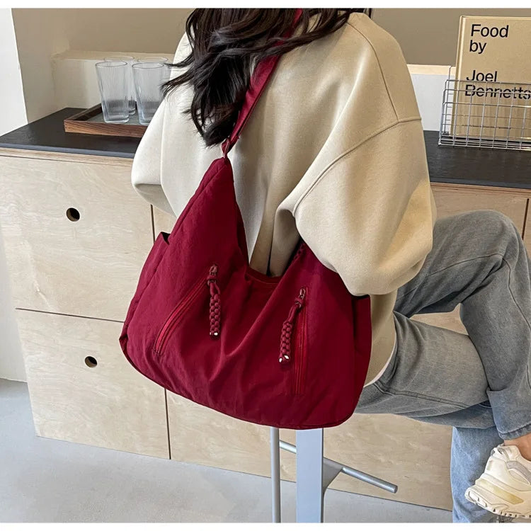 Summer Women Solid Color Shoulder Bag Fashion Lightweight Versatile Travel Crossbody Bag Commuter Nylon Large Capacity Hobo Bag