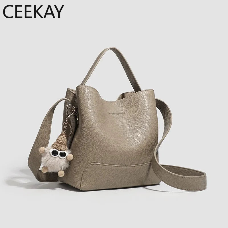 2026 New CEEKAY Khaki Leather Bucket Bag Minimalist Shoulder Bag with Cute Plush Pendant Casual Handbag for Women Bags for Women