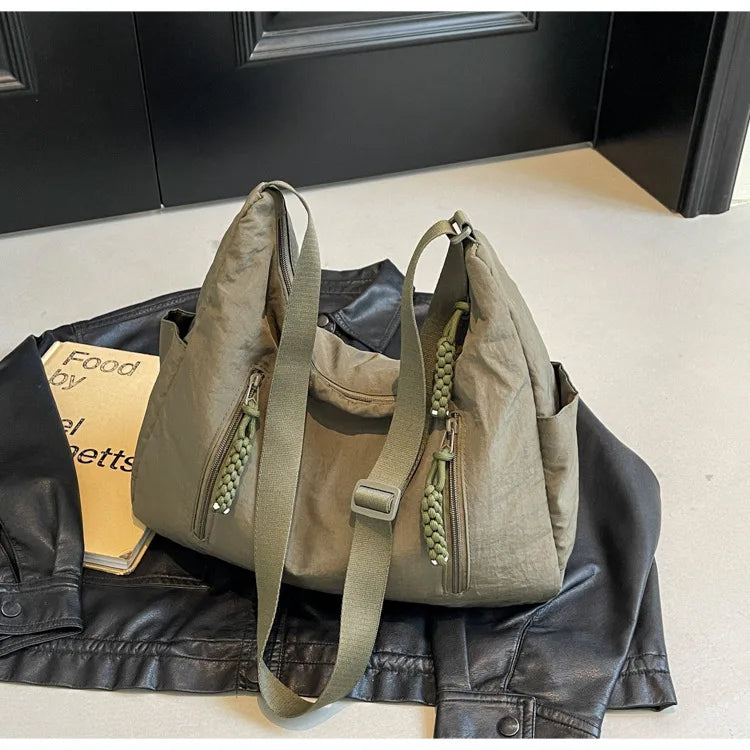 Summer Women Solid Color Shoulder Bag Fashion Lightweight Versatile Travel Crossbody Bag Commuter Nylon Large Capacity Hobo Bag