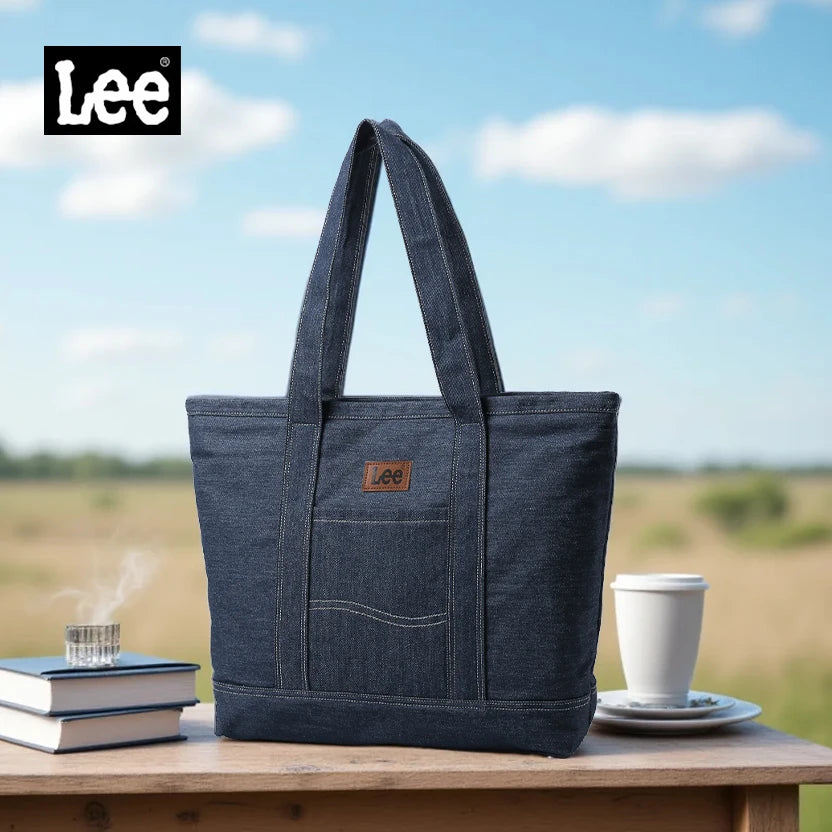 LEE Unisex Utility Canvas Leather Zipper Tote Bag Casual Denim Daily Shopping Handbag Women Man Durable Student School Book Bag