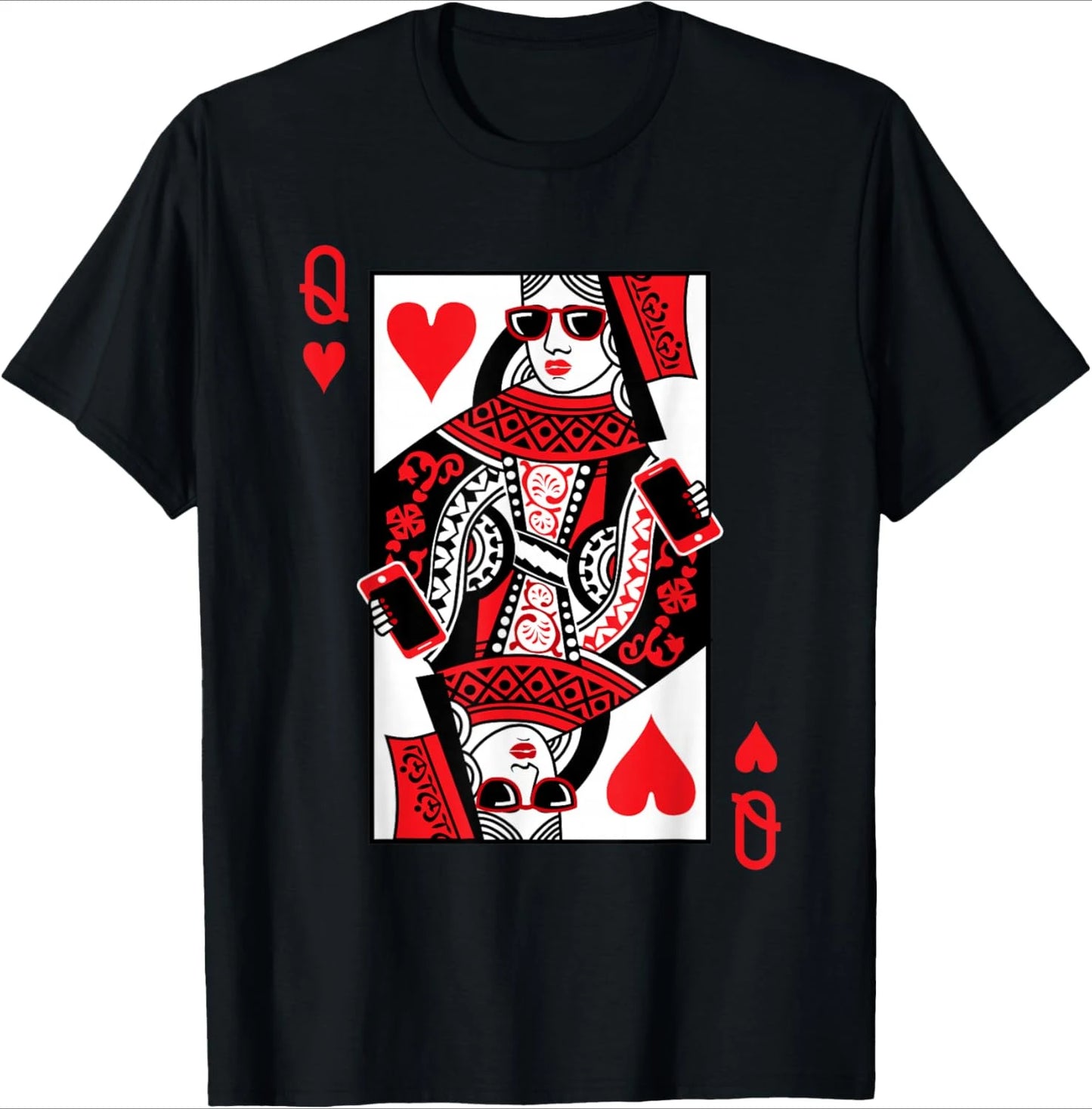 Queen of Hearts Black T-Shirt Retro Playing Cards Print Women's Short-Sleeved Daily Wear Casual Loose Fit Basic Crew Neck Top
