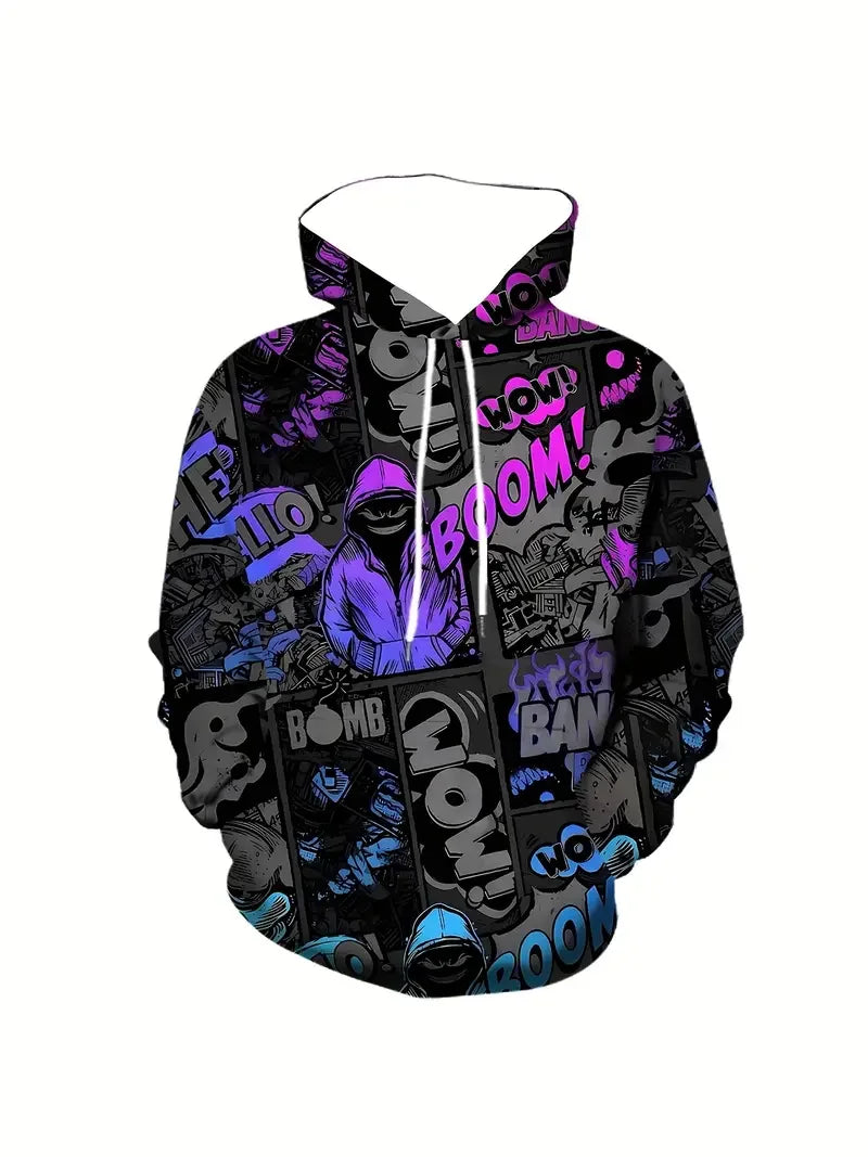 2024 New Men's Painted Graffiti Flow Printed Hoodie Casual Trendy Long Sleeve Sports Top Street Men's Colorful Pattern Hoodie