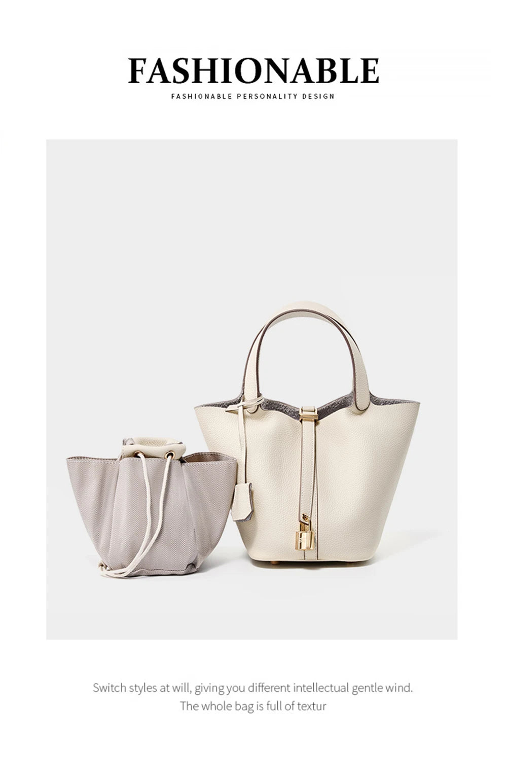 2025 Casual Fashion Female Genuine Leather Bucket Bag Luxury Handbag High-End Tote Bag Woman Cow Leather Mommy Bag & Metal Lock