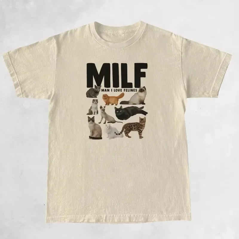 MILF Man I Love Felines Women Funny Meme T Shirt Casual Short Sleeve Cat Lover Tshirt Female
