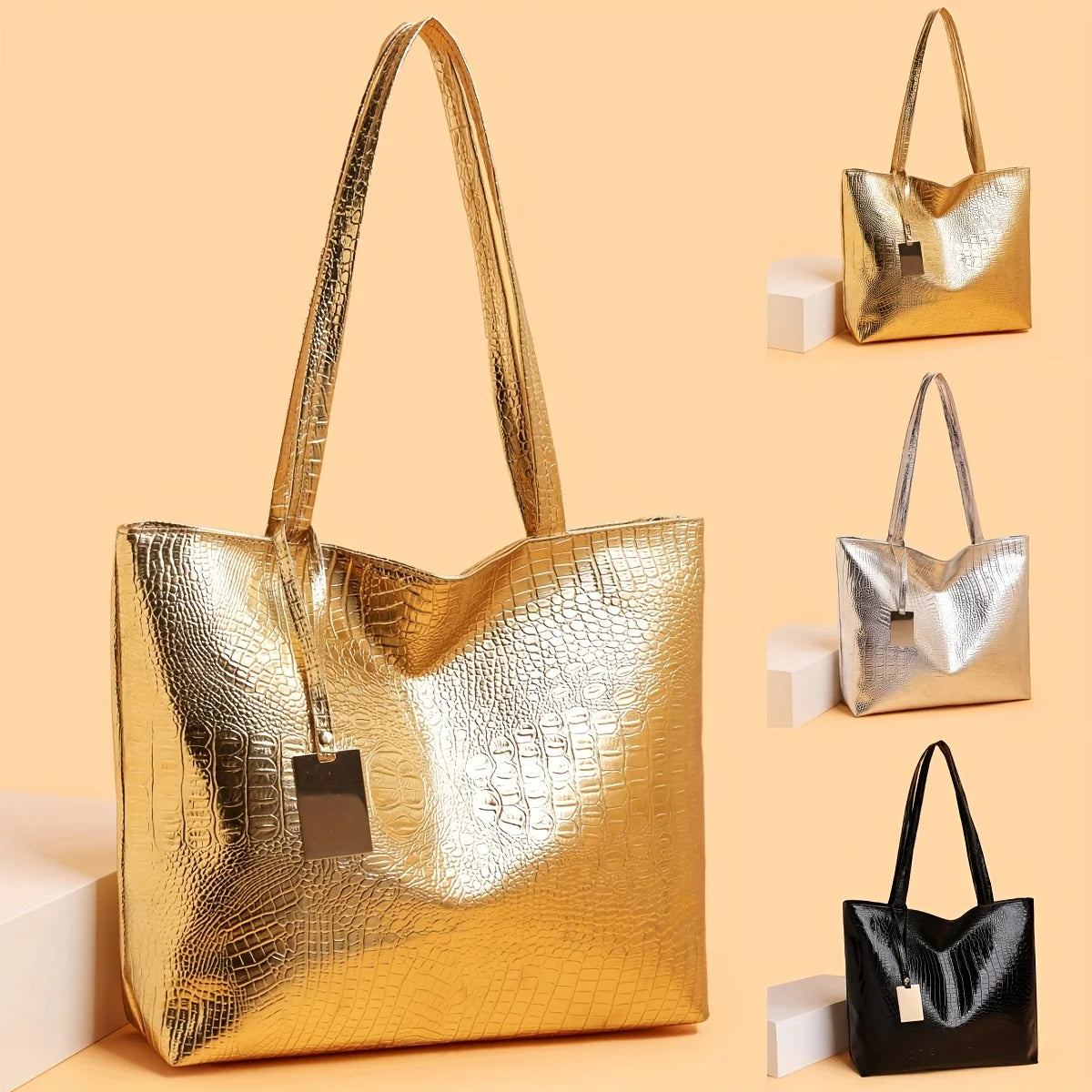 Vintage Women's Tote Bag, Large Capacity Handbag Shoulder Bag with Zipper Closure, Metallic Finish Handbags for Work, Parties