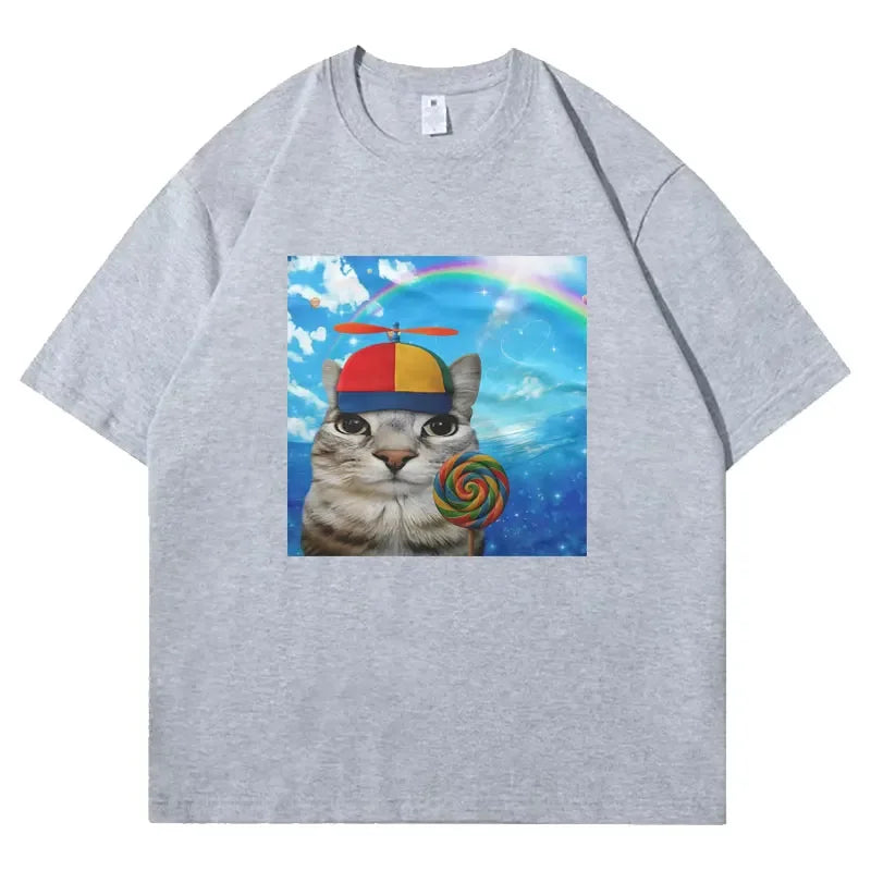 Greetings Huzz T-shirt Silly Cat Meme Printed Summer Hip Hop Women Crewneck Shortsleeve Casual Y2k  Tshirt Clothing