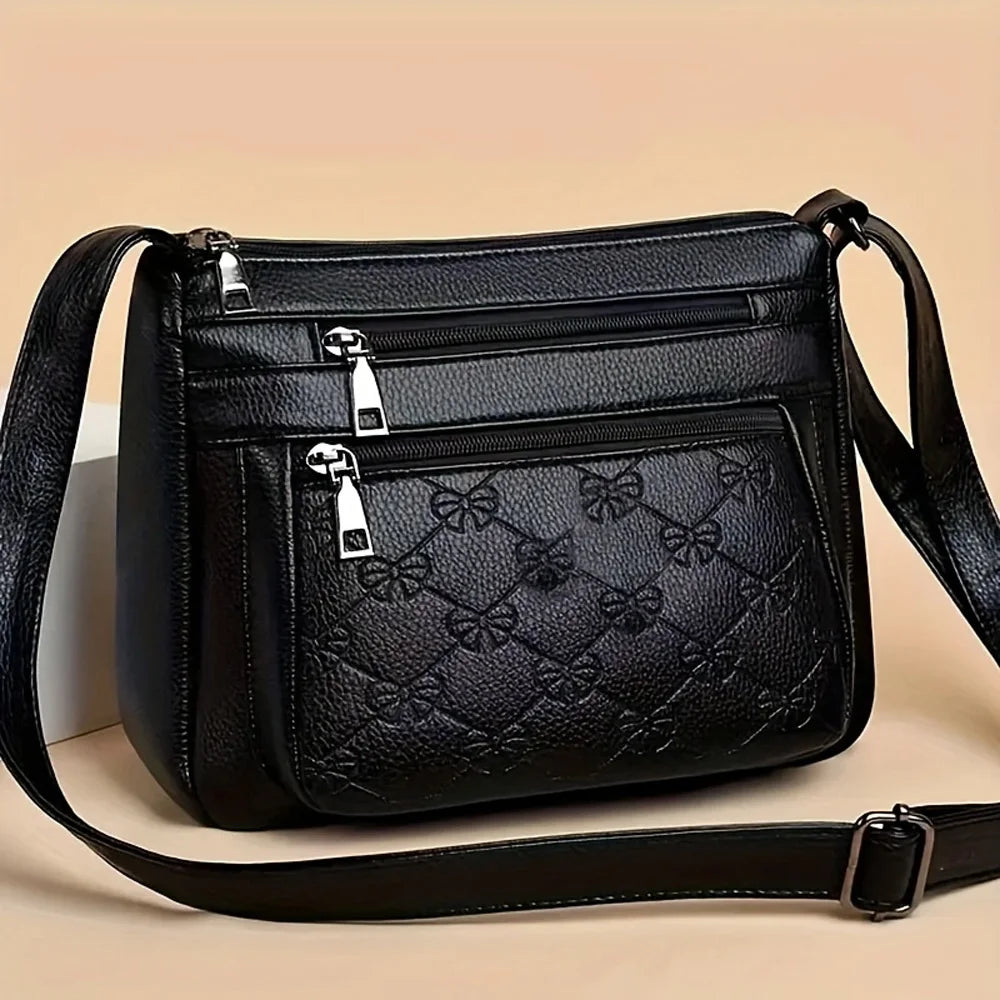 Women's Crossbody Fashion Pu Leather Large Capacity Multi-Pocket Mom Bag Black Embossed Outing Party Shoulder Bag