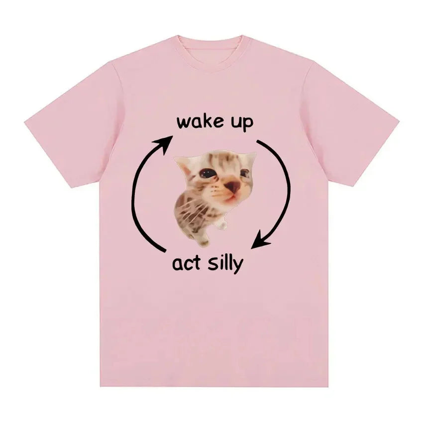 Wake Up Act Silly Meme Graphic T Shirt Funny Cute Cat Print Short Sleeve T-shirt Men Women Casual Oversized T Shirts