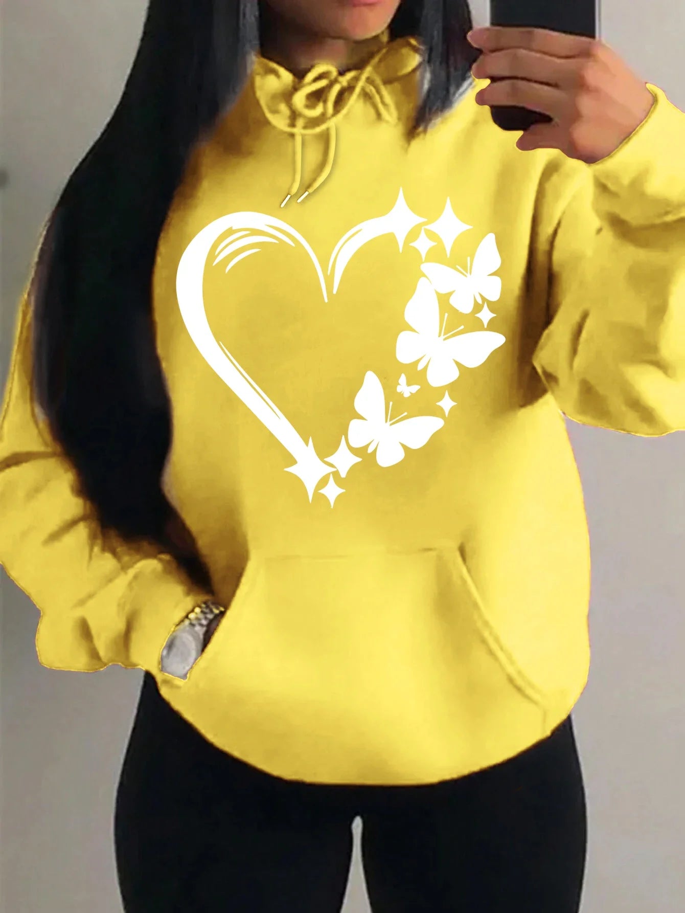 Women's Love and Butterfly Pattern Hoodie Hip Hop Street Fashion Pocket Clothes Retro Multi Color Hoodie