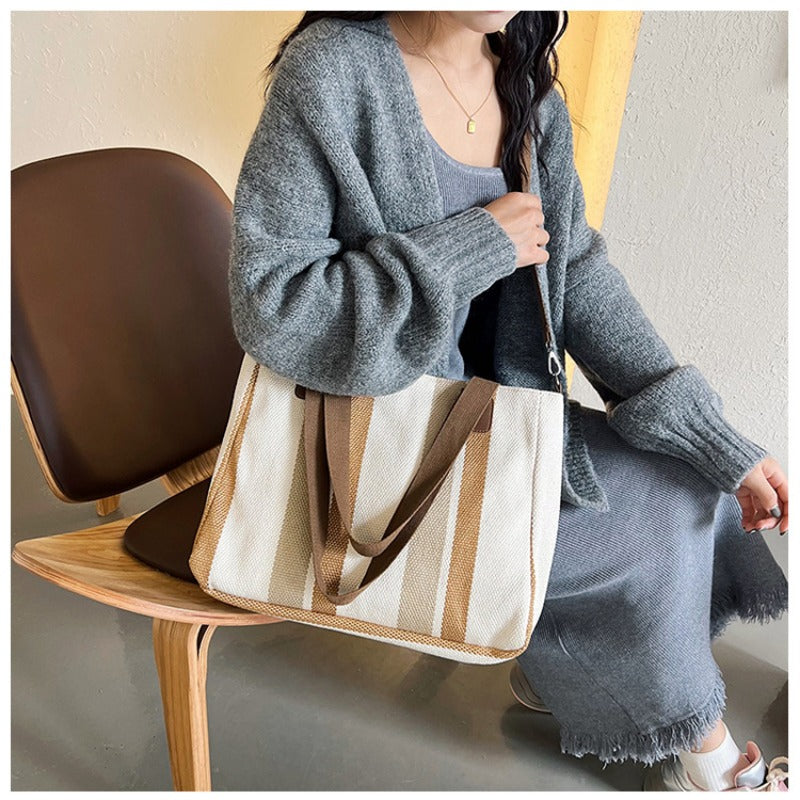 Large Tote Bag for women's Striped Crossbody Canvas Bag 2023 New Trendy Versatile Class Commuting Shoulder Bag