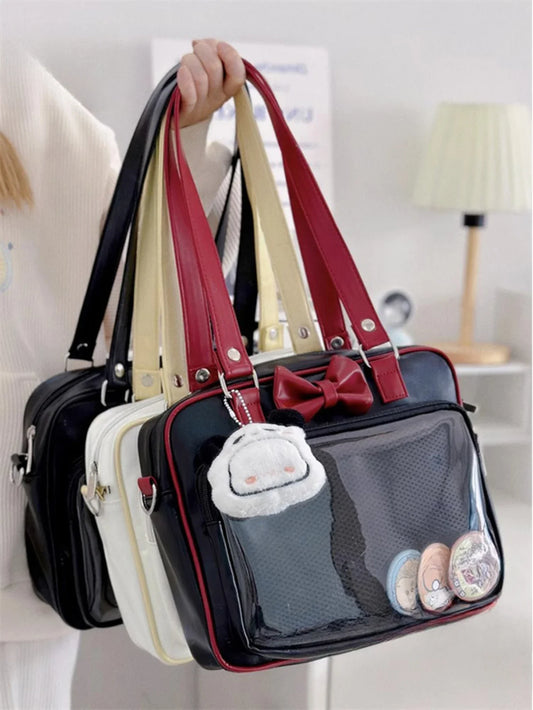 Japanese Style Kawaii PU Leather Itabag Women Transparent Pocket Bowknot Lolita Shoulder Bag Tote Handbags Women Ita Bag JK Girl