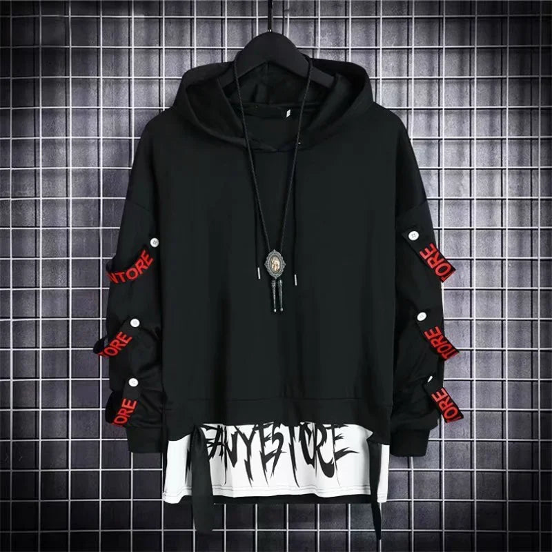 Autumn  Men's Casual Hoodie Sweatshirt Techwear Hip Hop Harajuku Style with Ribbons Patchwork Japanese Streetwear Darkwear