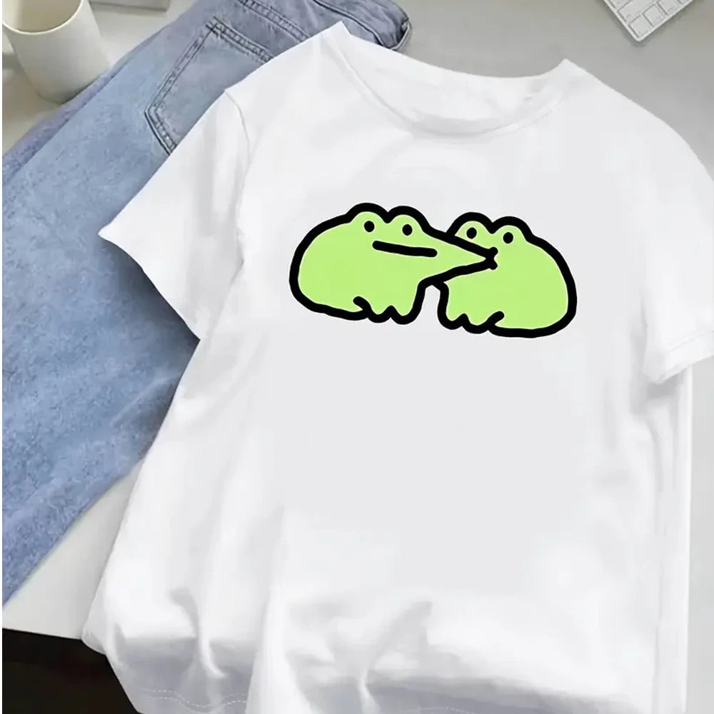 Trend Cartoon Cute Little Frog Kiss Graphic Print Short Sleeve T-shirt Tops Fashion Trend Women's Casual Sports Style Summer