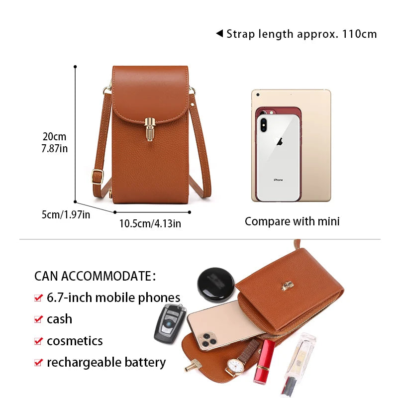Genuine leather phone bag, crossbody bag, shoulder bag with 8 card slots, ID evidence slot, zipper pocket, lychee patterned cowh