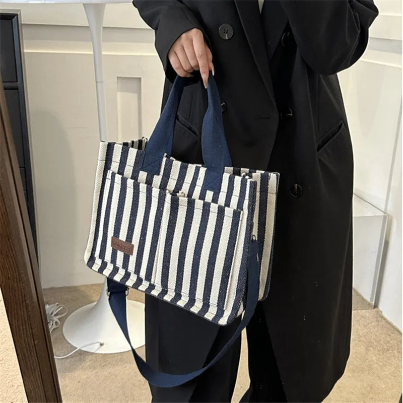 Cool Street Handbag, Large Capacity Women's Shoulder Bag, Trendy Striped Canvas Crossbody Bag, Fashion Travel Shopping Tote Bag