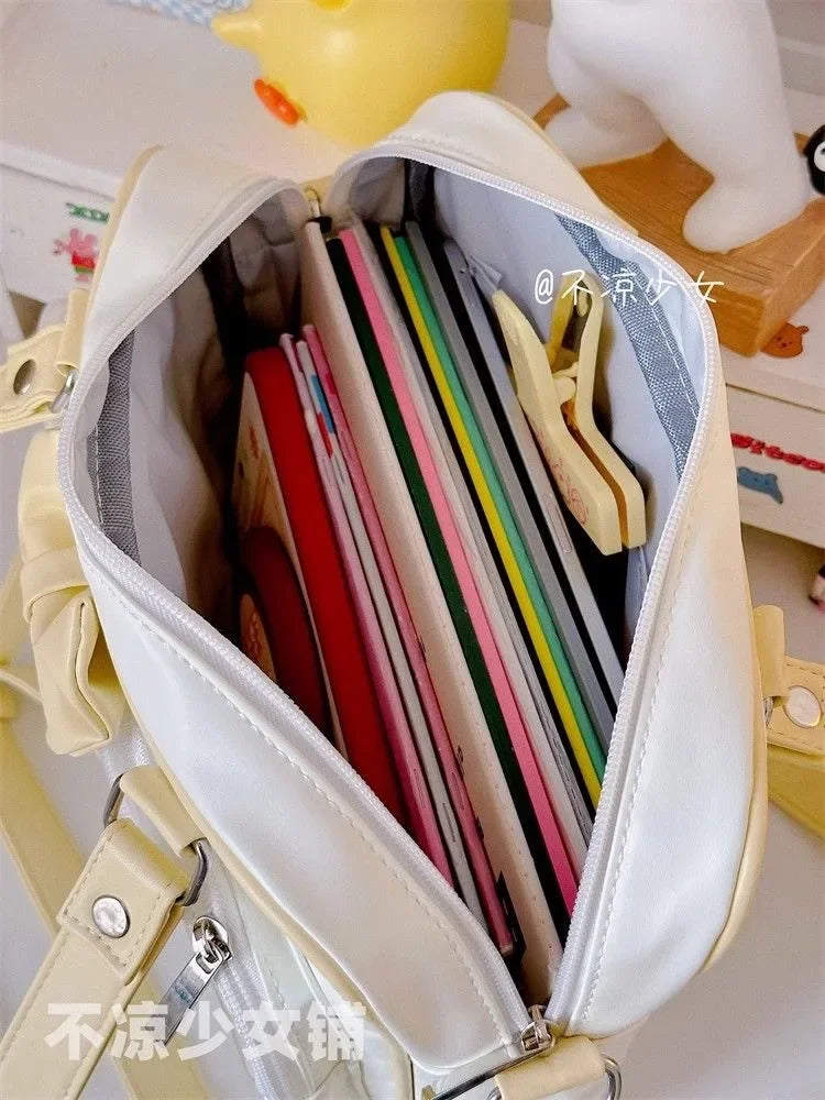 Japanese Style Kawaii PU Leather Itabag Women Transparent Pocket Bowknot Lolita Shoulder Bag Tote Handbags Women Ita Bag JK Girl