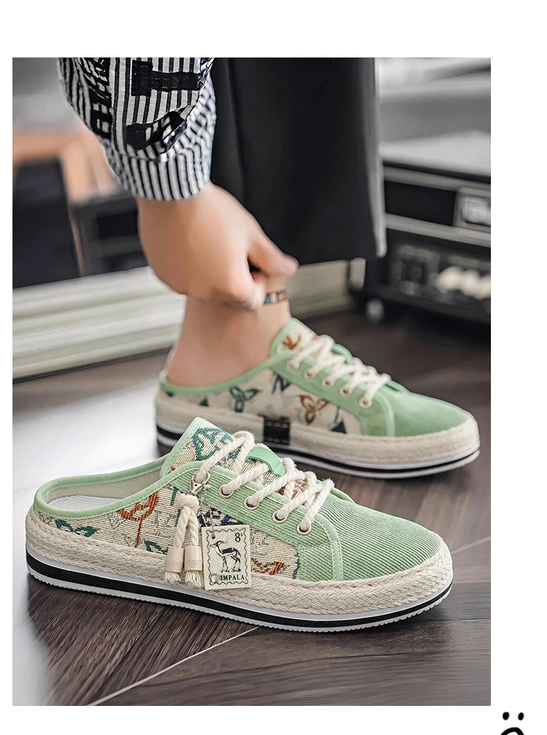 Outdoor Sandals Mens Half Slipper Summer Casual Shoes Canvas Soft Bottom Lightweight Walking Shoe Vulcanized Shoe