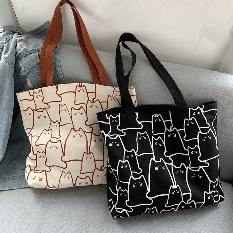 Canvas Handbag For Women 2023 Fashion Cute Cat Tote Messenger Bags With Zipper Designer Bag Ladies Cartoon Shoulder Shopper Bags