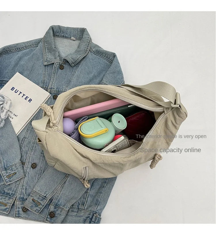 Summer Women Solid Color Shoulder Bag Fashion Lightweight Versatile Travel Crossbody Bag Commuter Nylon Large Capacity Hobo Bag