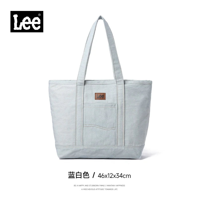 LEE Unisex Utility Canvas Leather Zipper Tote Bag Casual Denim Daily Shopping Handbag Women Man Durable Student School Book Bag