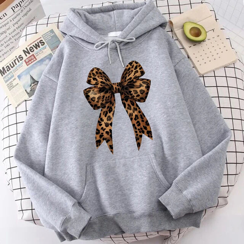 Bow Heart Love Leopard Print Hoodies Long Sleeve Funny Sweatshirts Streetwear Women's Casual Graphic Hooded Pullovers Clothes