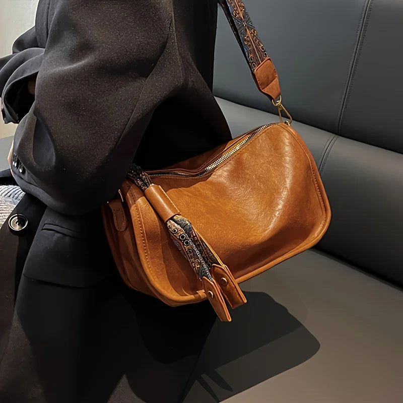 Graphic Pattern Zipper Crossbody Bag, Stylish Leather Shoulder Bag with Wide Strap Large Capacity Daily Purse Designer Hobos Bag