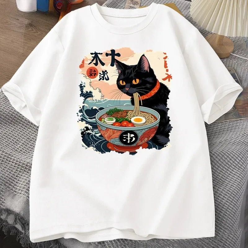 Kawaii Cat Anime Tshirt Ramen Japanese Funny Graphic Tee Kawaii Noodle Cat Tee Shirt Women Short Sleeve T-shirt Harajuku Clothes