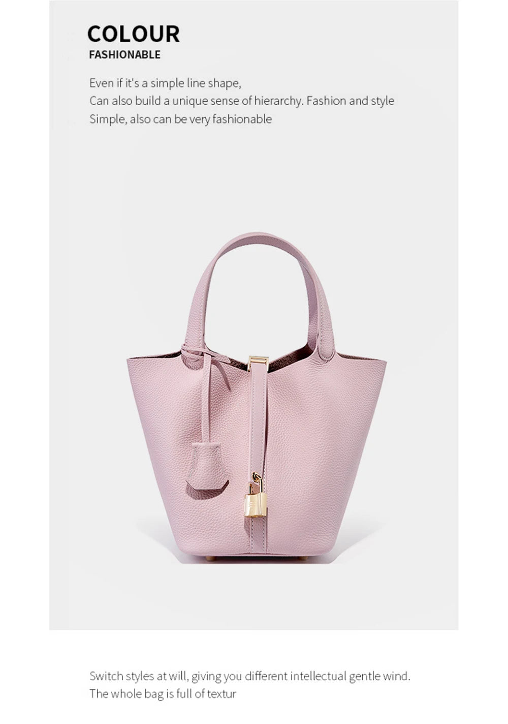 2025 Casual Fashion Female Genuine Leather Bucket Bag Luxury Handbag High-End Tote Bag Woman Cow Leather Mommy Bag & Metal Lock