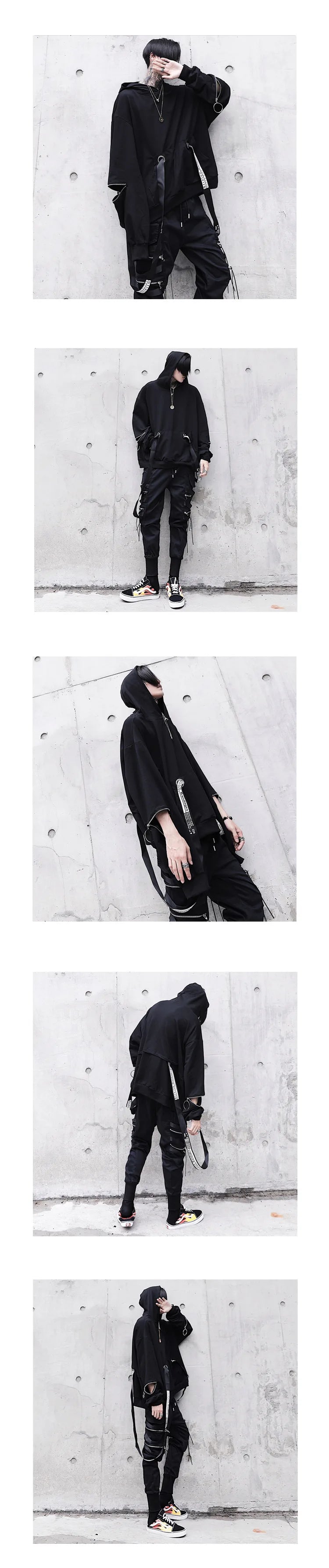 Autumn  Men's Casual Hoodie Sweatshirt Techwear Hip Hop Harajuku Style with Ribbons Patchwork Japanese Streetwear Darkwear