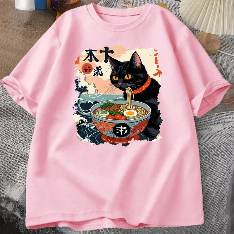 Kawaii Cat Anime Tshirt Ramen Japanese Funny Graphic Tee Kawaii Noodle Cat Tee Shirt Women Short Sleeve T-shirt Harajuku Clothes