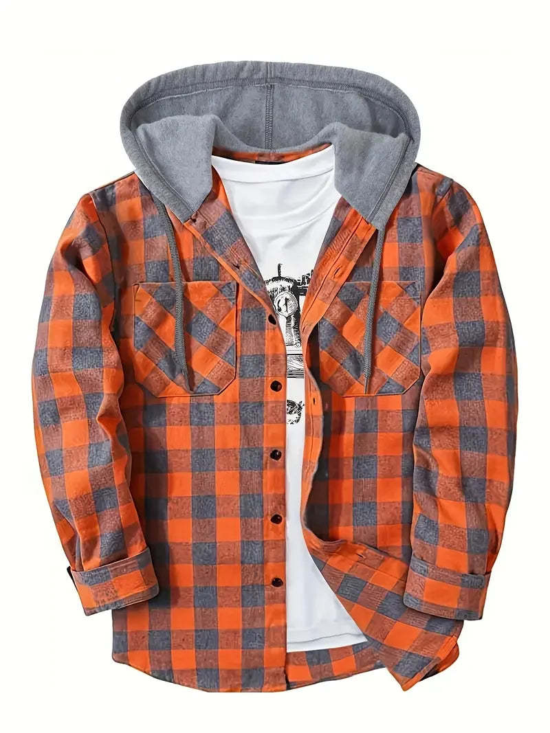 Men's Plaid Flannel Hooded Shirt, Long Sleeve Button Down Hoodie Jacket with Chest Pockets Casual Streetwear Tops