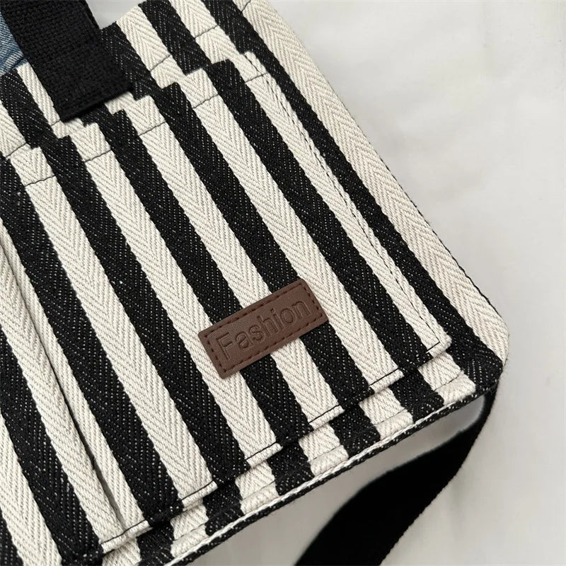 Cool Street Handbag, Large Capacity Women's Shoulder Bag, Trendy Striped Canvas Crossbody Bag, Fashion Travel Shopping Tote Bag