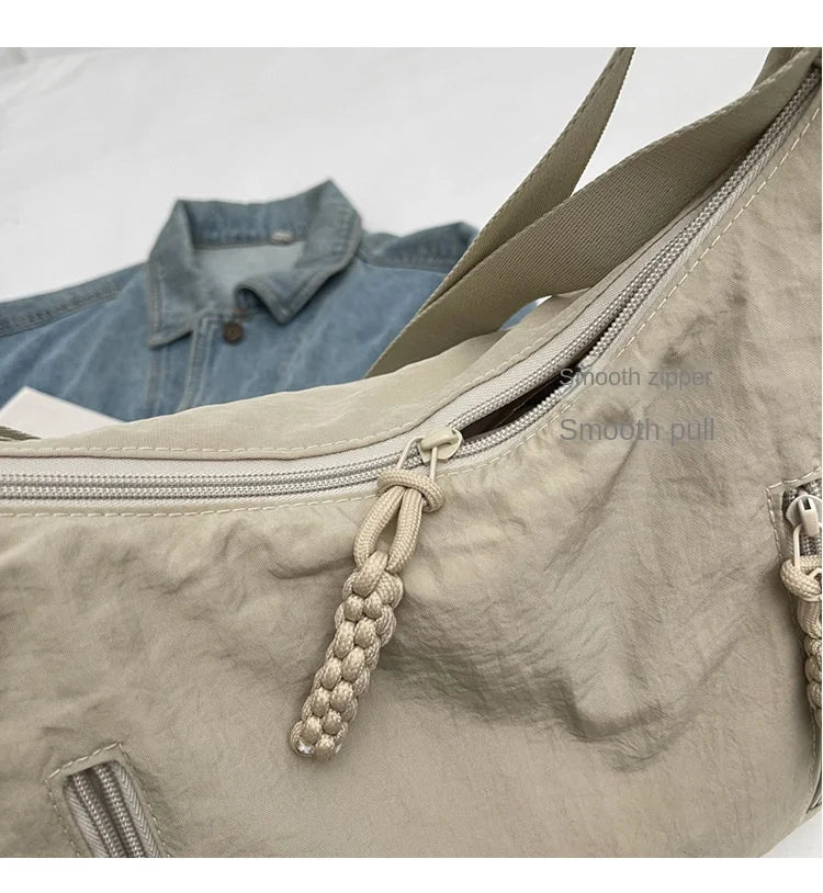 Summer Women Solid Color Shoulder Bag Fashion Lightweight Versatile Travel Crossbody Bag Commuter Nylon Large Capacity Hobo Bag
