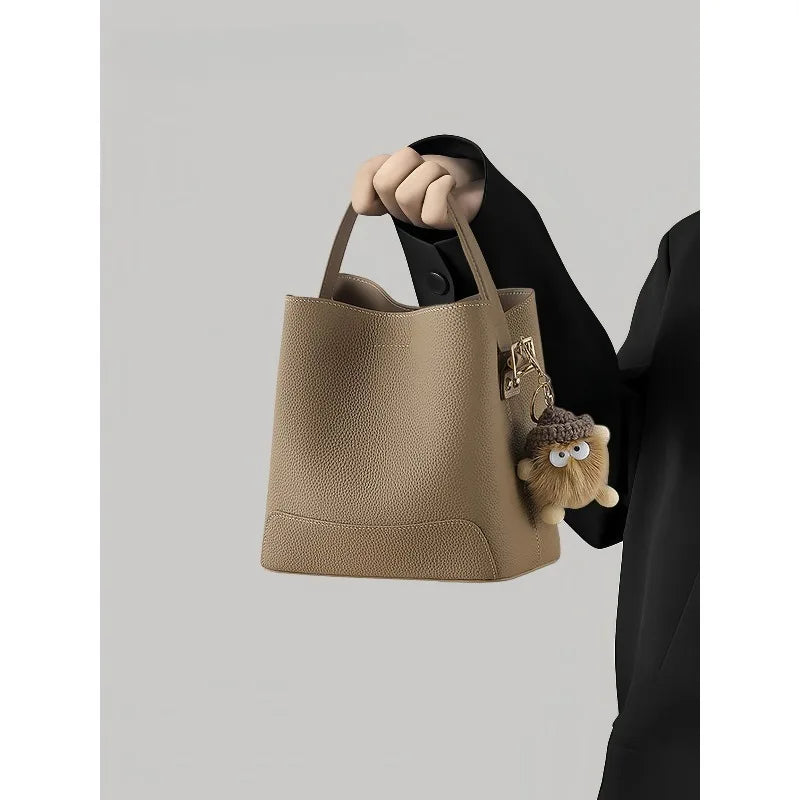 2026 New CEEKAY Khaki Leather Bucket Bag Minimalist Shoulder Bag with Cute Plush Pendant Casual Handbag for Women Bags for Women