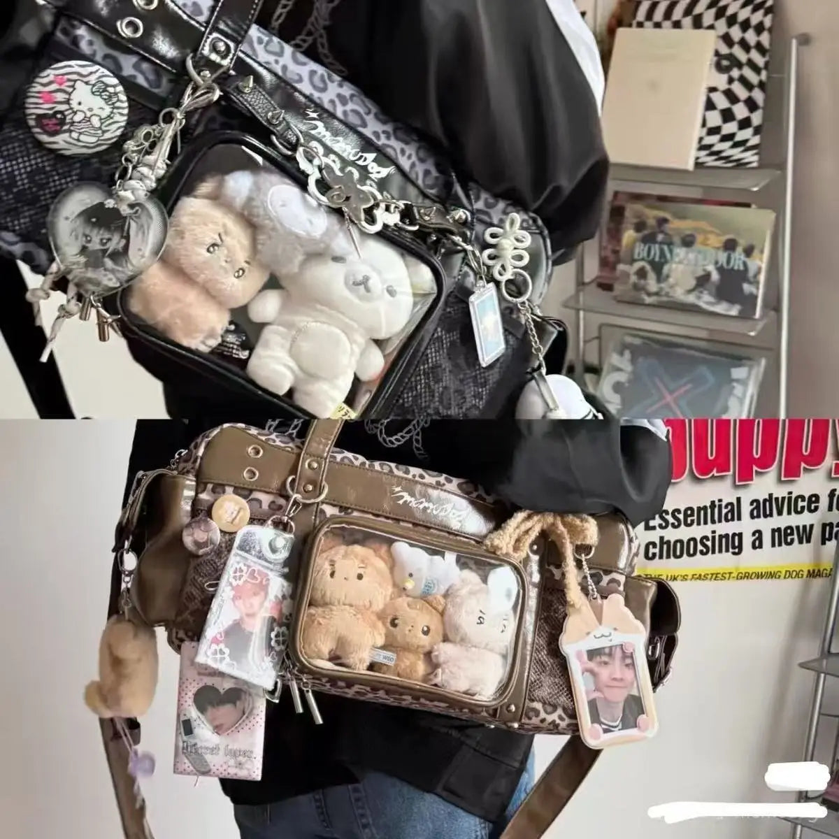 New Y2K Casual Large Capacity Handbag Shoulder Bag Comic Exhibition Crossbody Bag Sweet and Cool Leopard Print Ita Bag for Girls