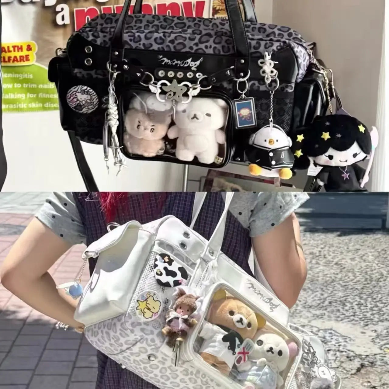 New Y2K Casual Large Capacity Handbag Shoulder Bag Comic Exhibition Crossbody Bag Sweet and Cool Leopard Print Ita Bag for Girls