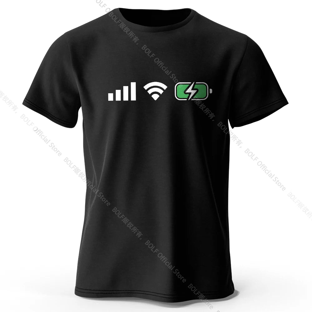 Signal WiFi Battery Printed T-Shirt 100% Cotton Oversized Tech Graphic Tees for Men Women Summer Tops Digital Streetwear