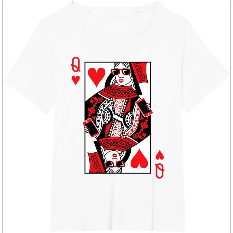 Queen of Hearts Black T-Shirt Retro Playing Cards Print Women's Short-Sleeved Daily Wear Casual Loose Fit Basic Crew Neck Top